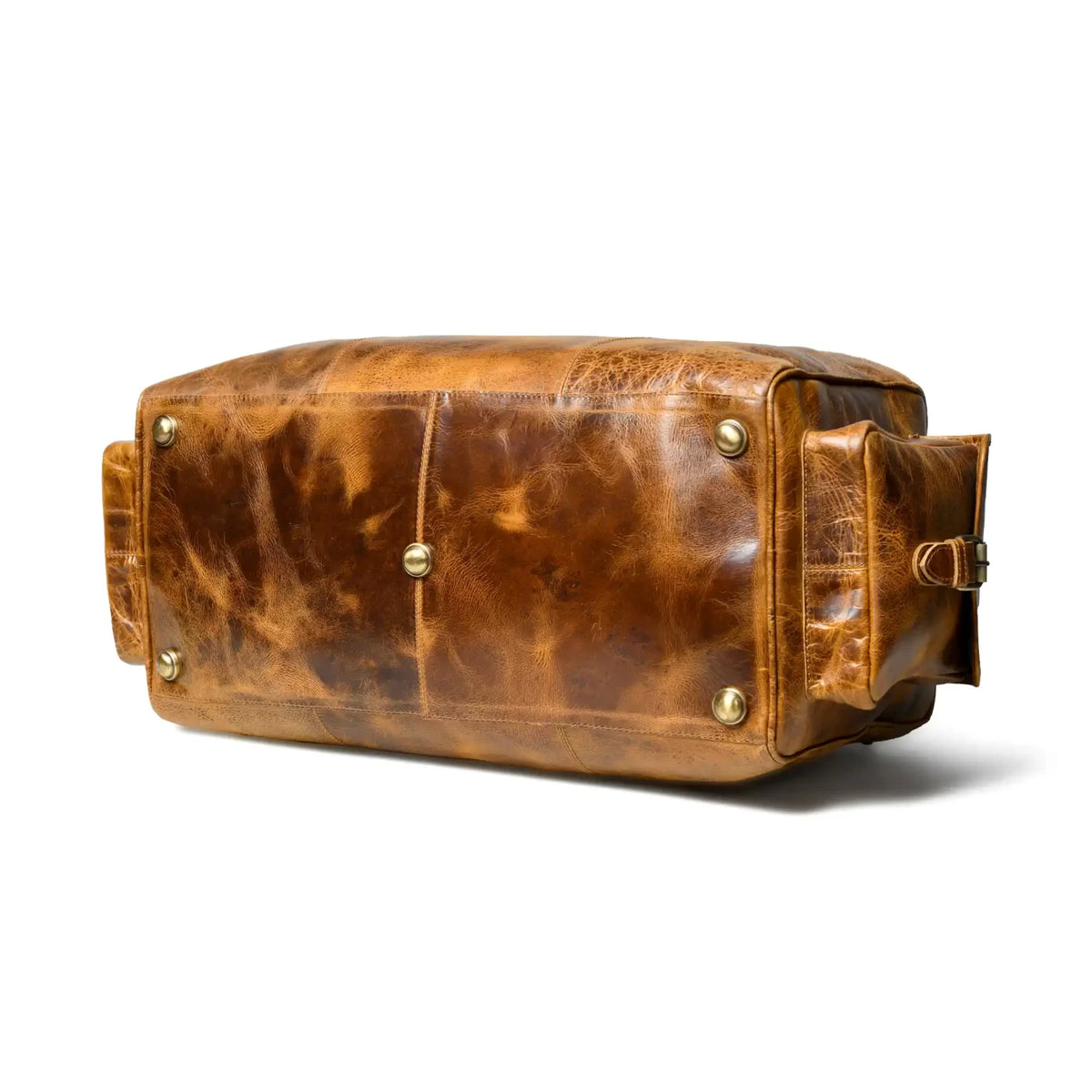 Distressed Tan Leather Duffel Bag — Vintage Wash