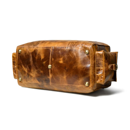 Distressed Tan Leather Duffel Bag — Vintage Wash