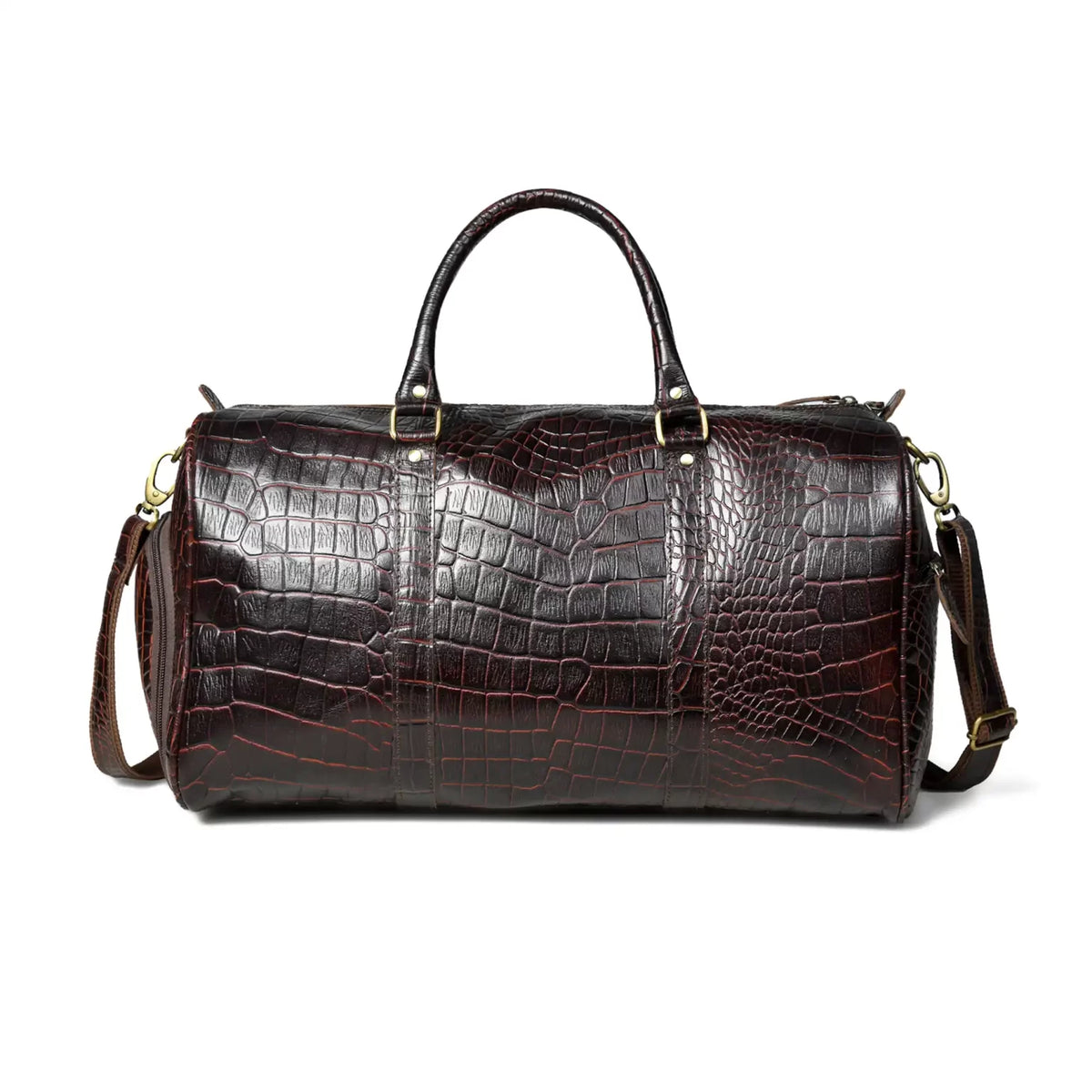 Croc-Embossed Leather Duffel Bag — Oxblood