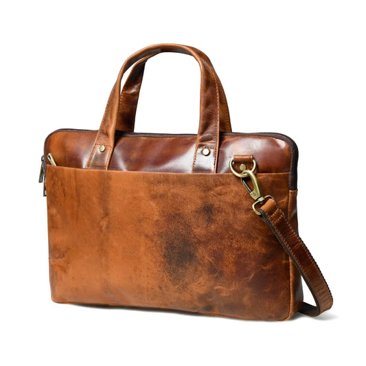 Tan Leather Laptop Briefcase — Slim Carry