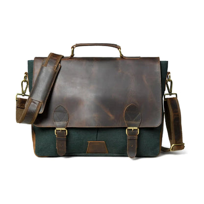 Green canvas office bag with distressed leather flap and detachable shoulder strap