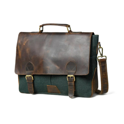 Green canvas and leather office bag for men, angled front view with brass buckles