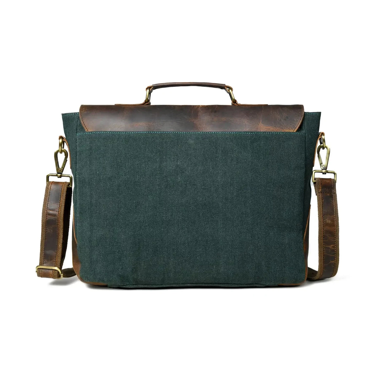 Back panel of the green canvas office bag showing the zip pocket and shoulder strap