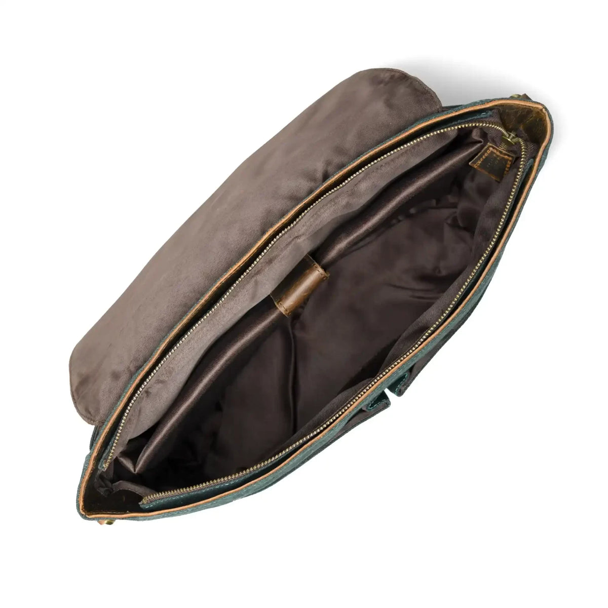 Open green canvas office bag showing the lined interior and padded laptop compartment