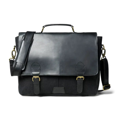 Black office bag with polished leather flap and detachable shoulder strap