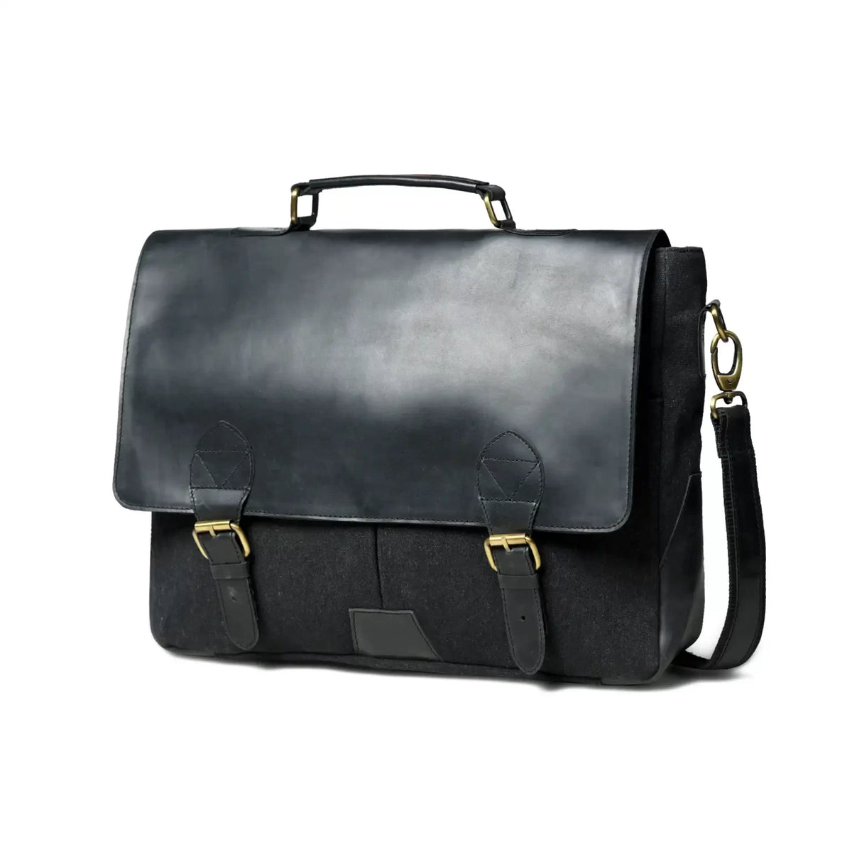 Black leather and canvas office bag for men, angled front view