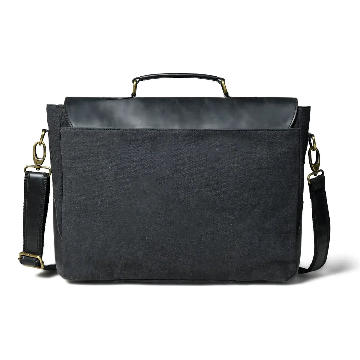 Back panel of the black canvas office bag showing the zip pocket and shoulder strap